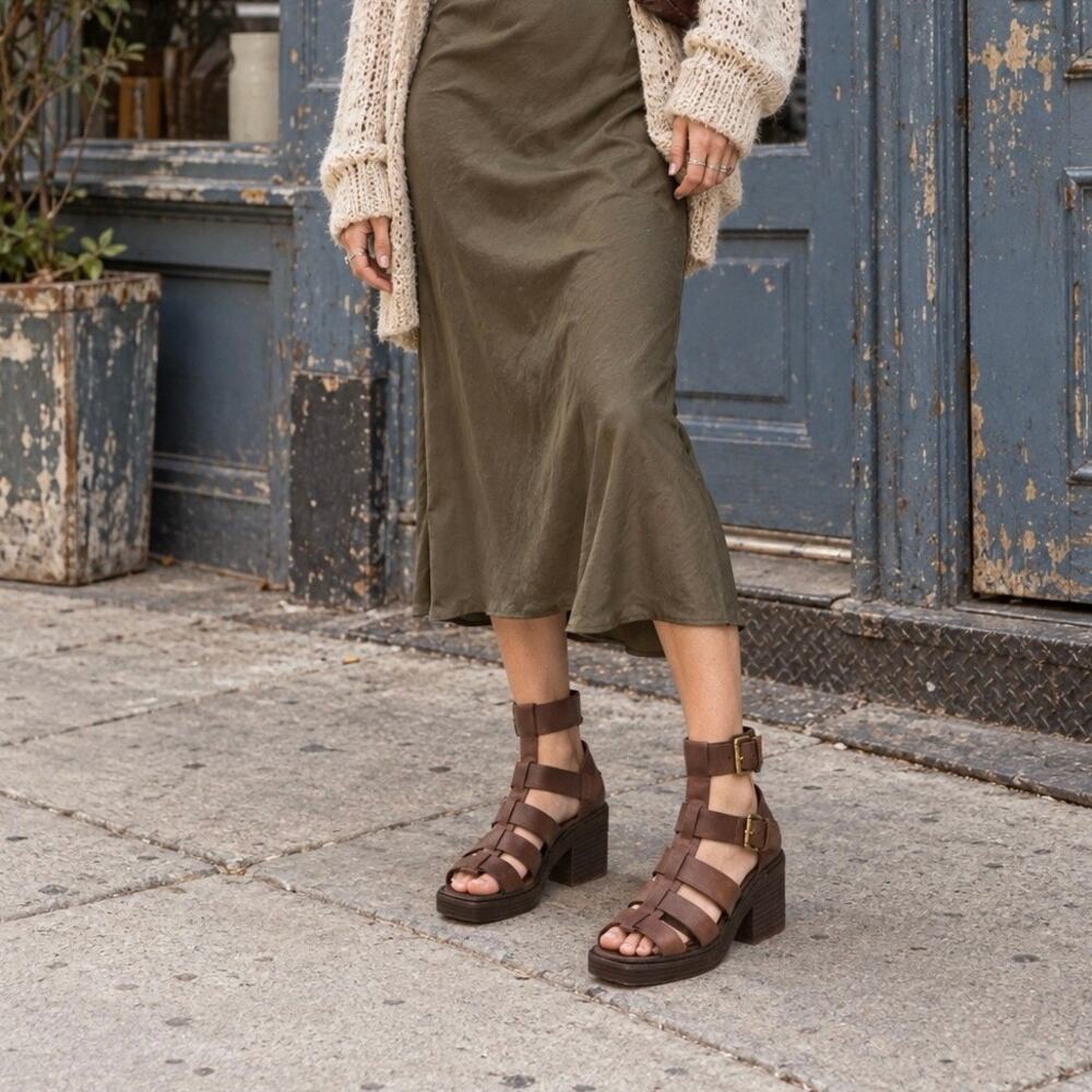Jeffrey Campbell Brown Leather Caged Gladiator Chunky Heel Sandals Size 8